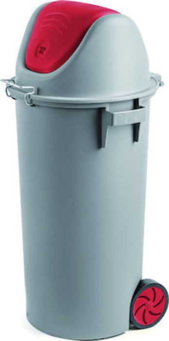 Γκρι κάδος με αιωρούμενο καπάκι κοκκινο και ρόδες 80 L ΚΠ85Κ